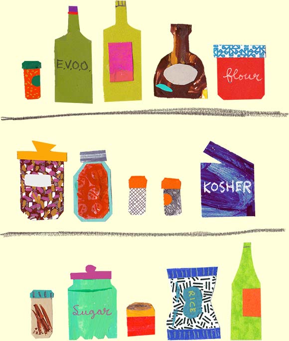 Illustration of items from the larder: olive oil, flour, kosher salt, etc.