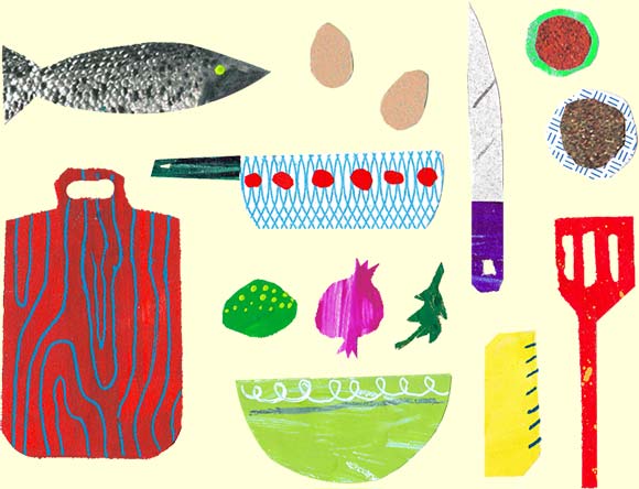 Illustration showing common kitchen equipment: knife, colander, cutting board, etc.