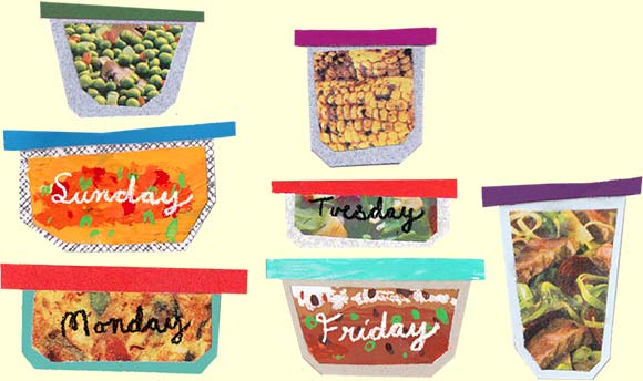 Illustration showing containers with prepared food marked with days of the week.