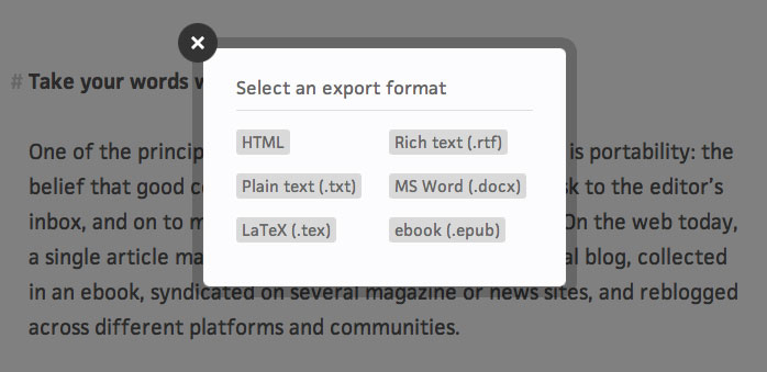 Screenshot showing export options