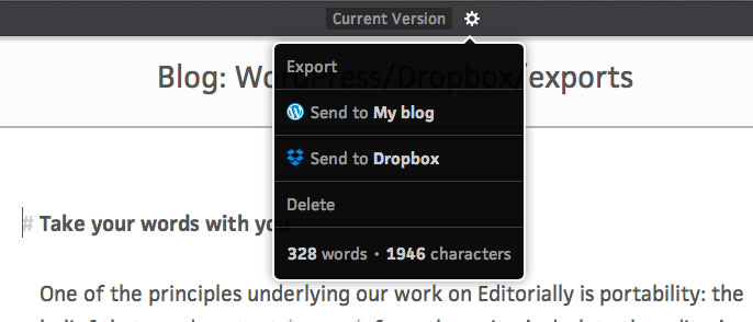 Screenshot showing the WordPress and Dropbox options in the gear menu